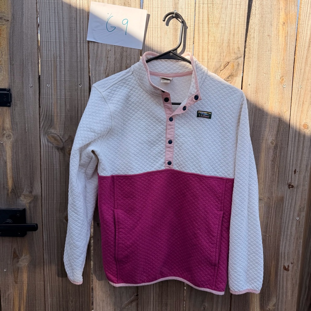 L.L. Bean Pink and White Quilted Quarter-Snap Pullover Size L (14-16)